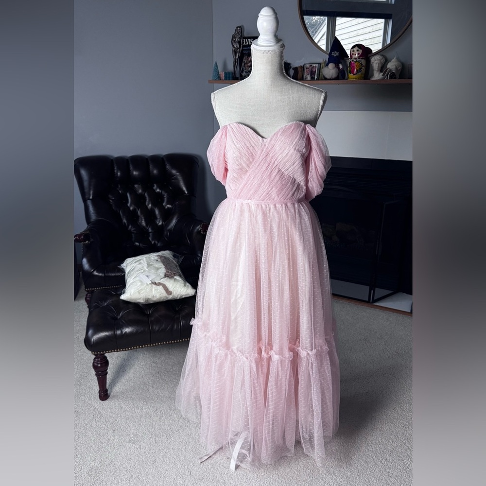 Elegant Soft Pink Off-the-Shoulder Tea Length Prom Dress Size 10